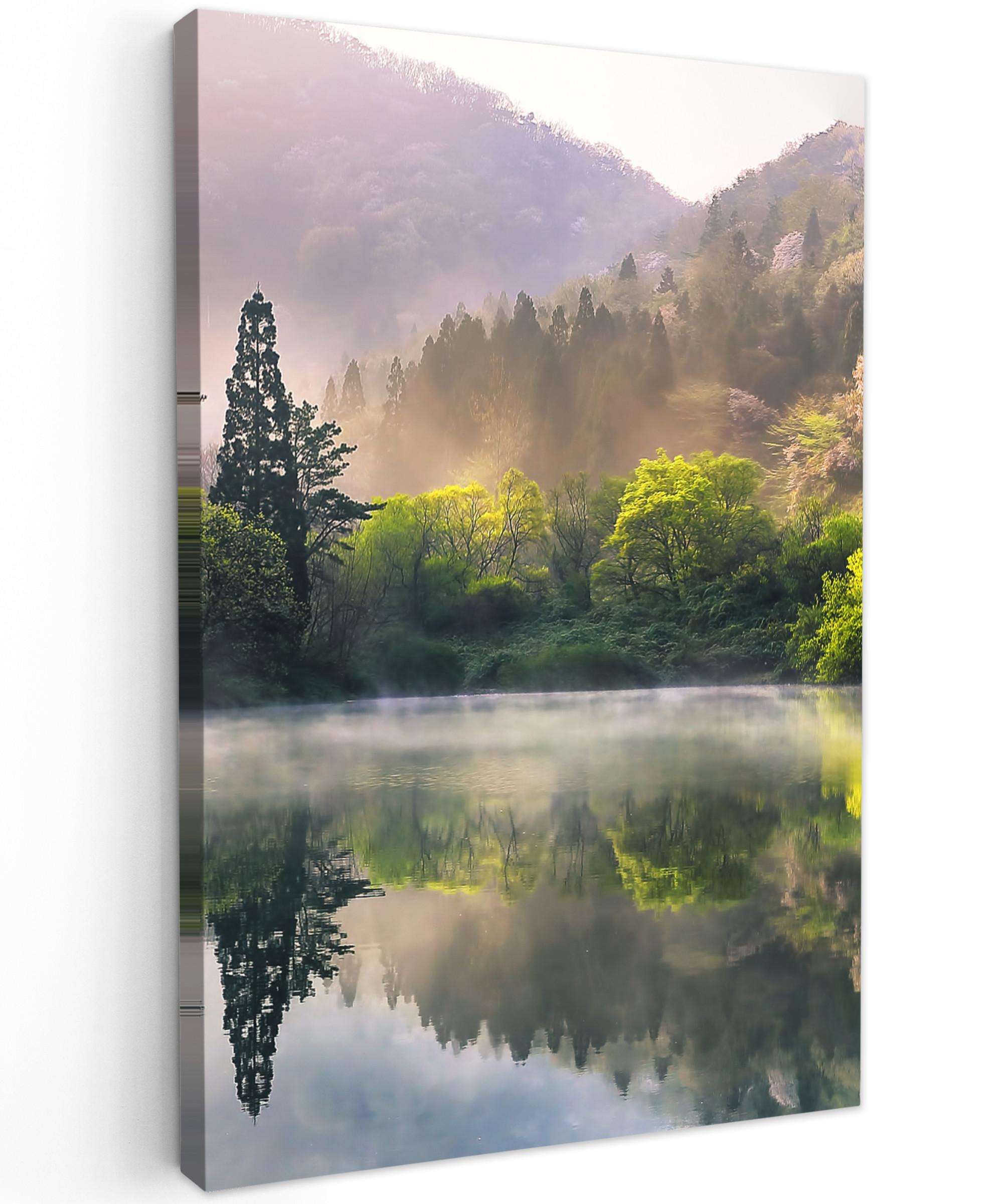 LEINWANDBILD Natur - Bäume - Berge - See - Wasser Deko Groß 90x140 cm - Hellgrün, Textil (90/140cm) - MuchoWow