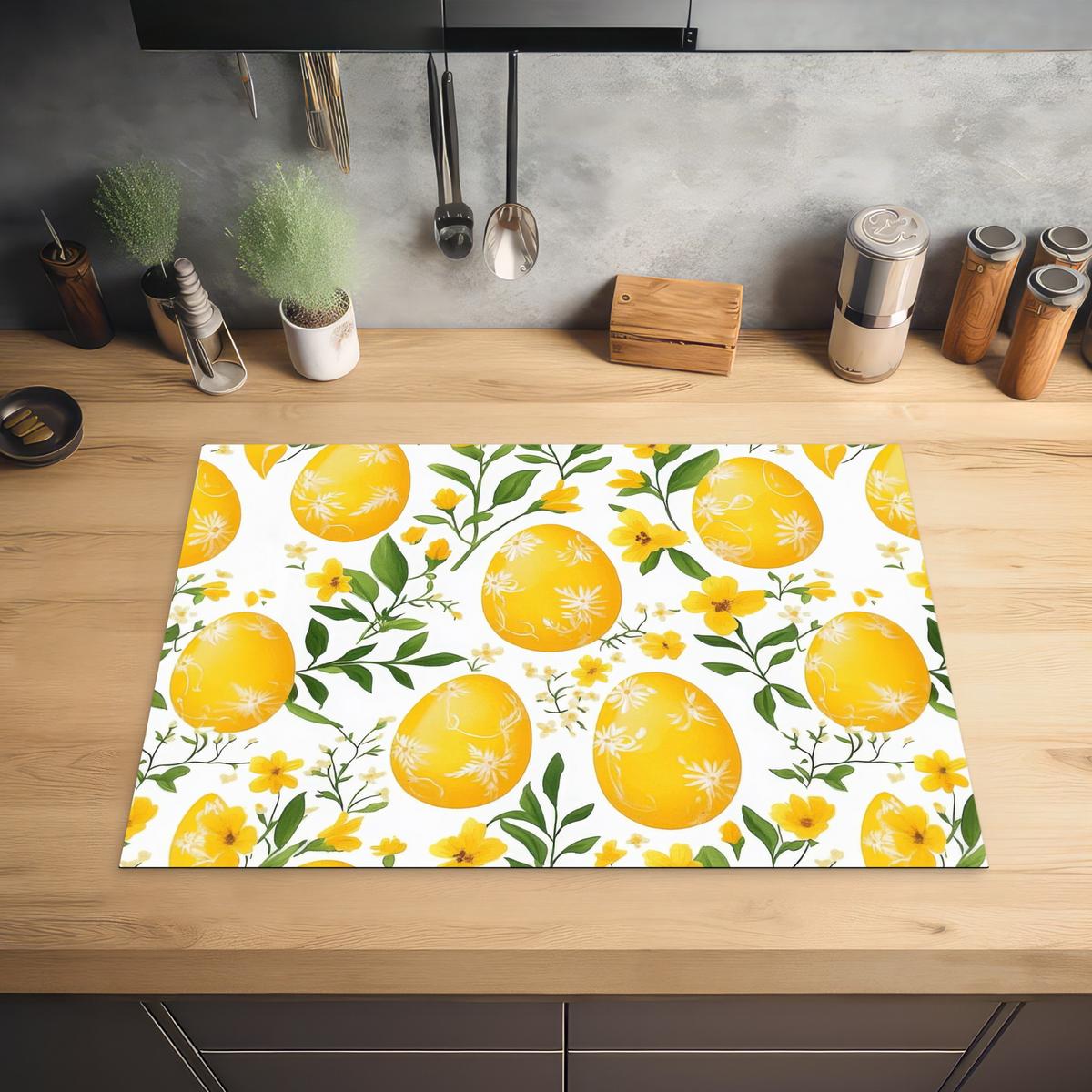 HERDABDECKPLATTE Blumen - Ostereier - Gelb Herdabdeckung Induktionsfeld 75x52 cm - Gelb, Kunststoff (75/52/0.2cm) - MuchoWow