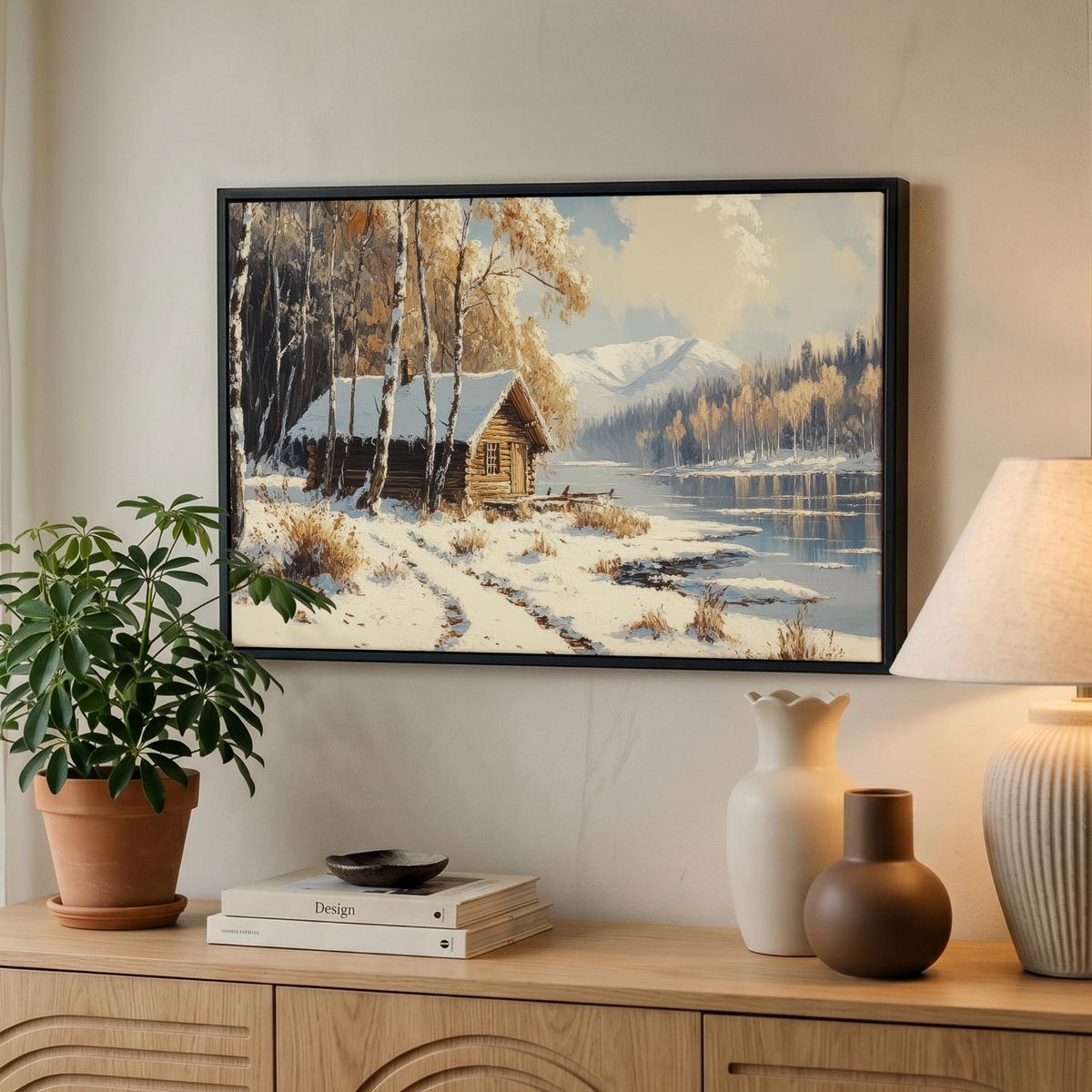 LEINWAND Bilder mit Rahmen - Winter - Schnee - Zuhause - Natur - 60x40 - Hellbraun, Textil (60/40cm) - MuchoWow