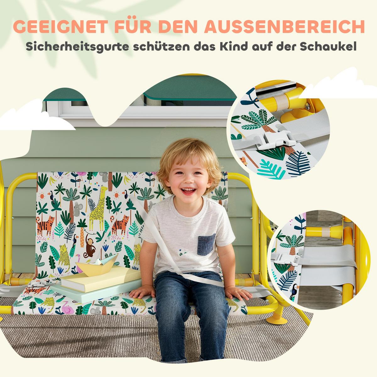 KINDER Hollywoodschaukel, 2-Sitzer Kinderschaukel mit verstellbarem Sonnendach - Gelb/Grün, Textil/Metall (75/120/112cm) - AIYAPLAY