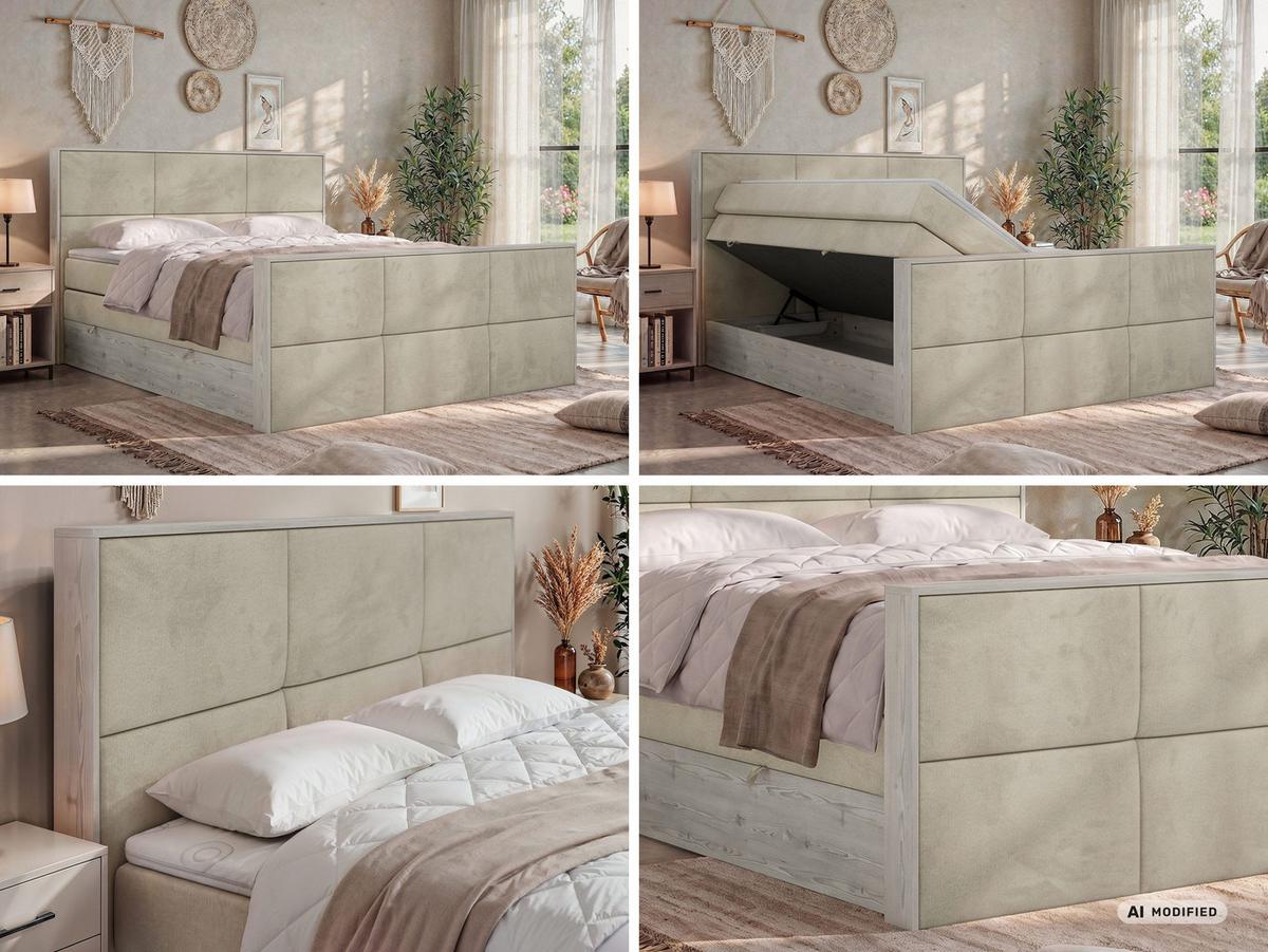 BOXSPRINGBETT DELNOR KING DUO 200/200 - Beige Velvet - Topper Visco - H3 - Beige/Schwarz, Kunststoff/Textil (200/200cm) - MKS