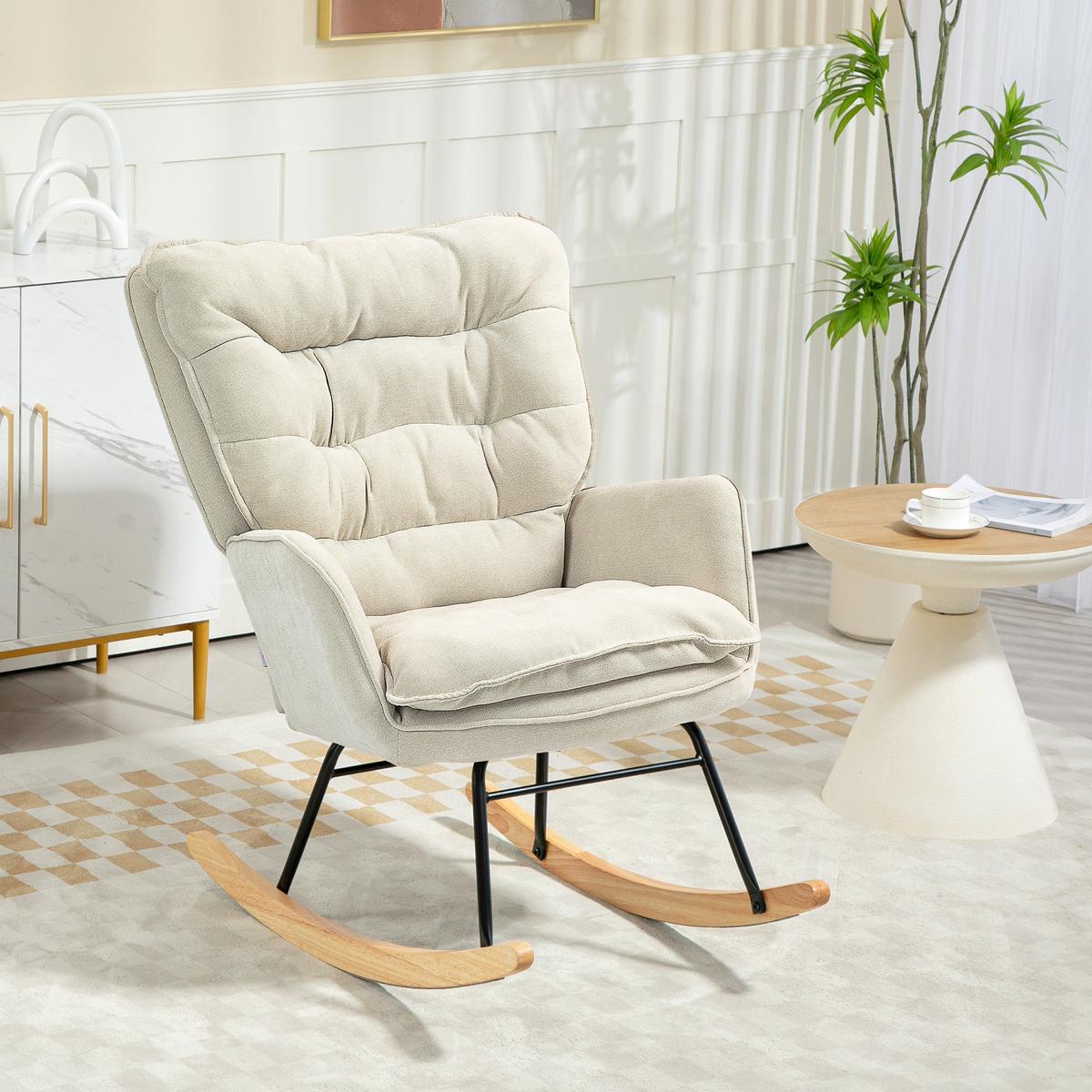 SCHAUKELSTUHL Schwingsessel Armlehnsessel mit Chenilleoptik für Schlafzimmer - Beige/Naturfarben, Holz/Textil (98.5/97/71cm) - HOMCOM