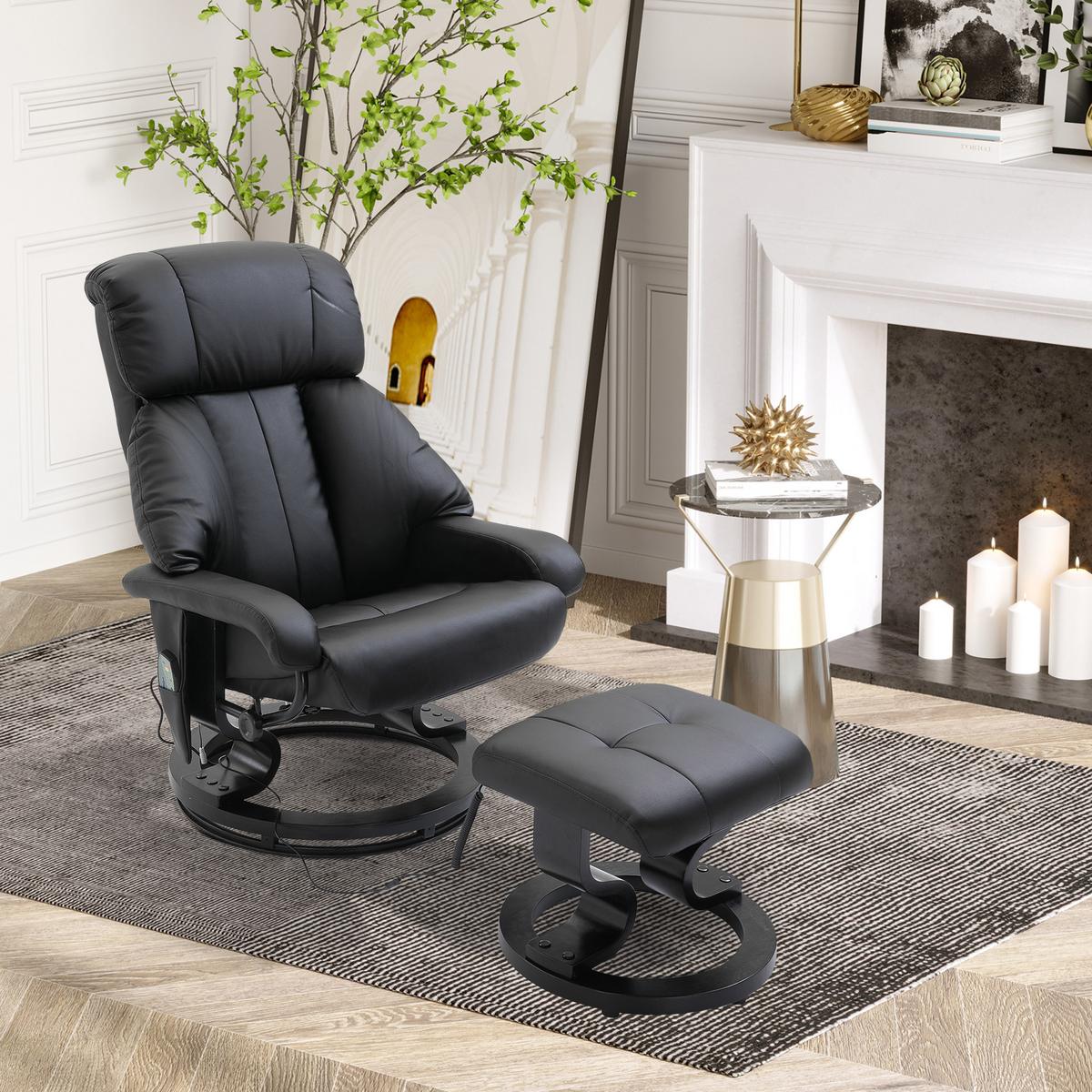 MASSAGESESSEL mit Fußhocker, Relaxsessel, Elektrischer Fernsehsessel, Kunstleder - Schwarz, Leder (80/102/76cm) - HOMCOM