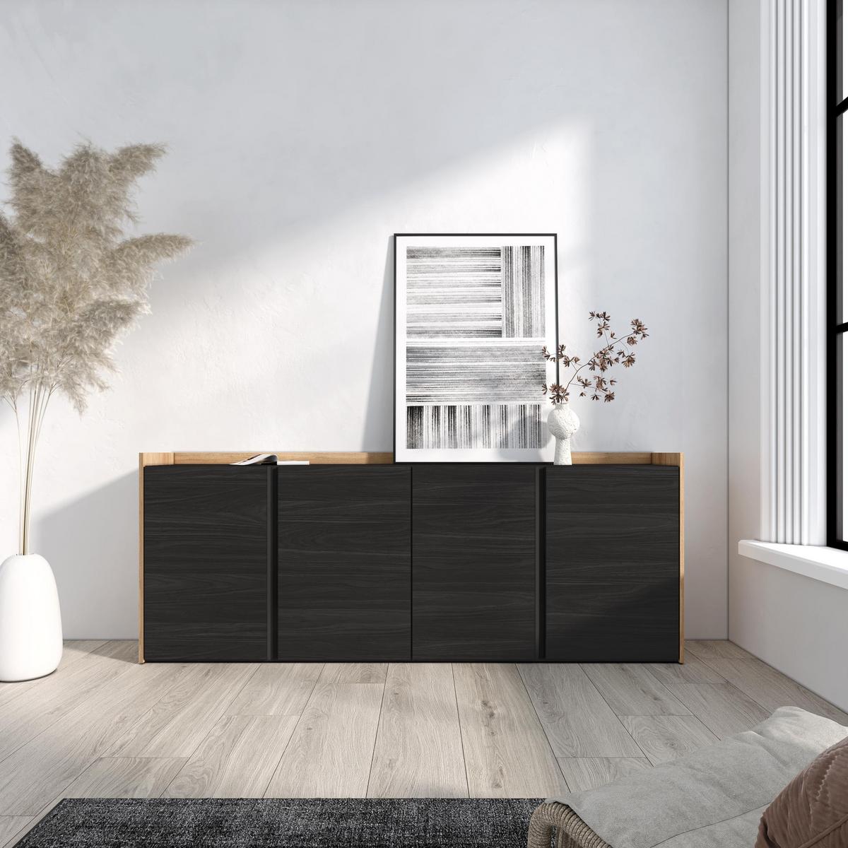 SIDEBOARD, 4 Türen, Schwarz und Eiche, 207/35/80cm - Schwarz, Holzwerkstoff (207/80/35cm) - Skraut Home