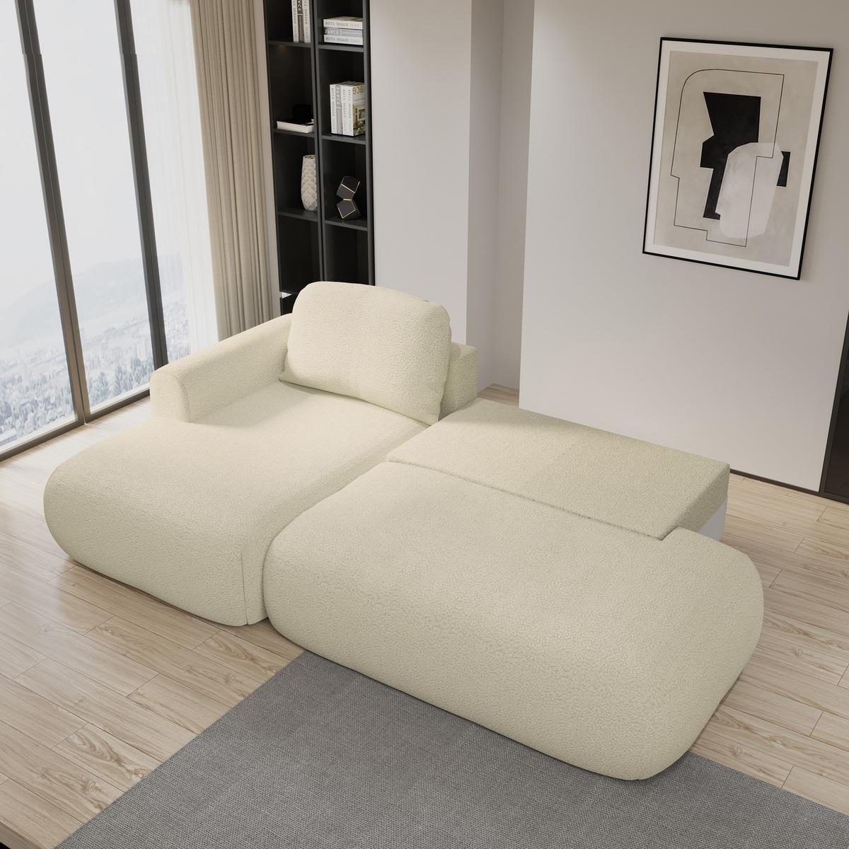 ECKSOFA NUVIRA L-S Creme Boucle-Stoff mit Schlaffunktion - Creme, Holz (279/158cm) - MASSENO