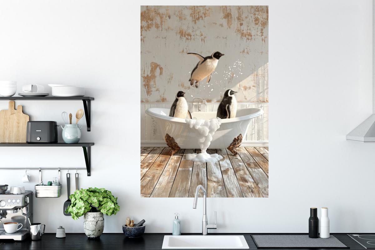 WANDTATTOO Vintage - Pinguin - Badewanne - Schaumstoff Wandaufkleber 80x120 cm - Schwarz, Kunststoff (80/120/0.1cm) - MuchoWow