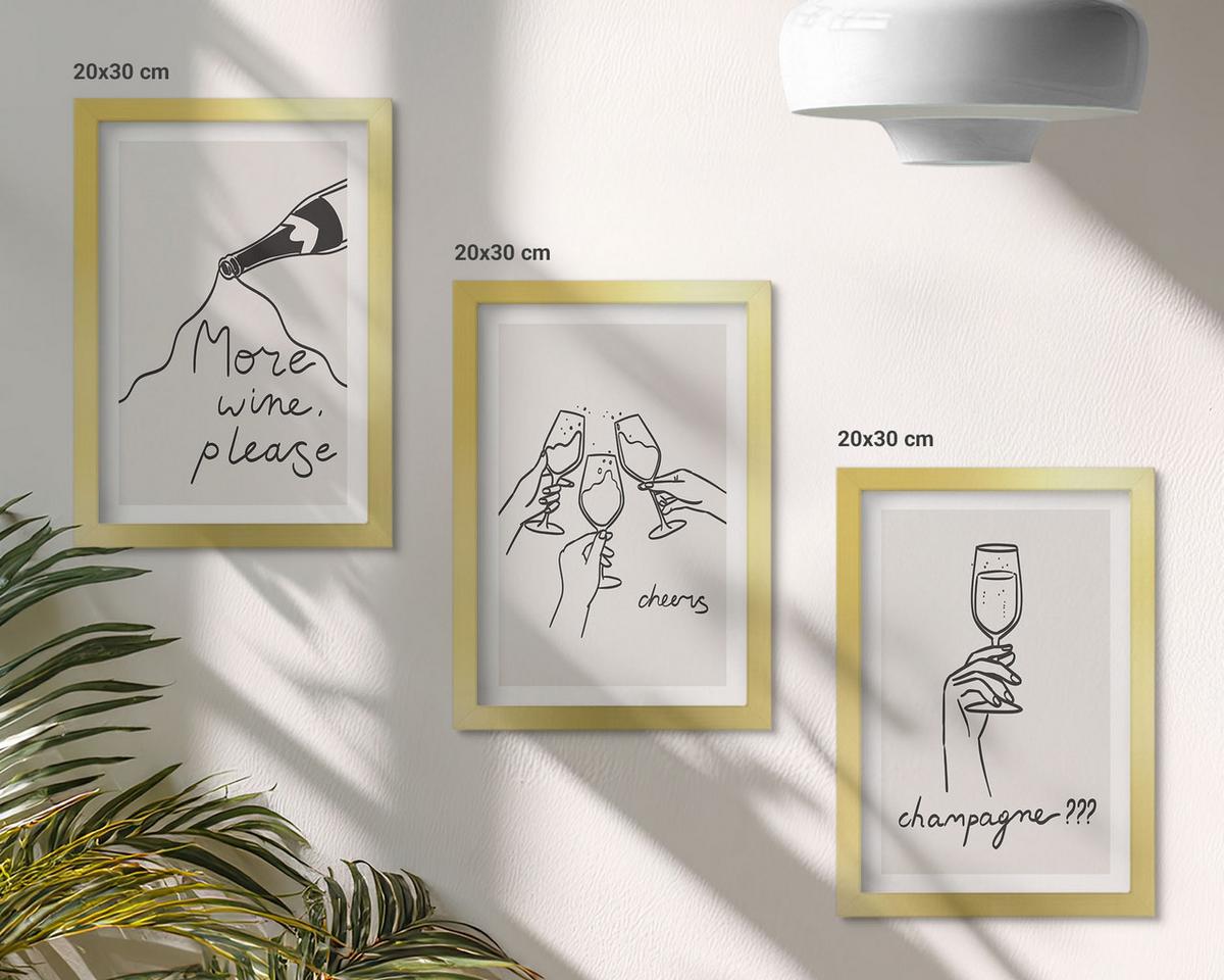 BILDER SET 3er Set - 20x30 cm Goldrahmen - Champagner-Wein-Linienzeichnung - Goldfarben, Kunststoff (20/30cm) - TULUP