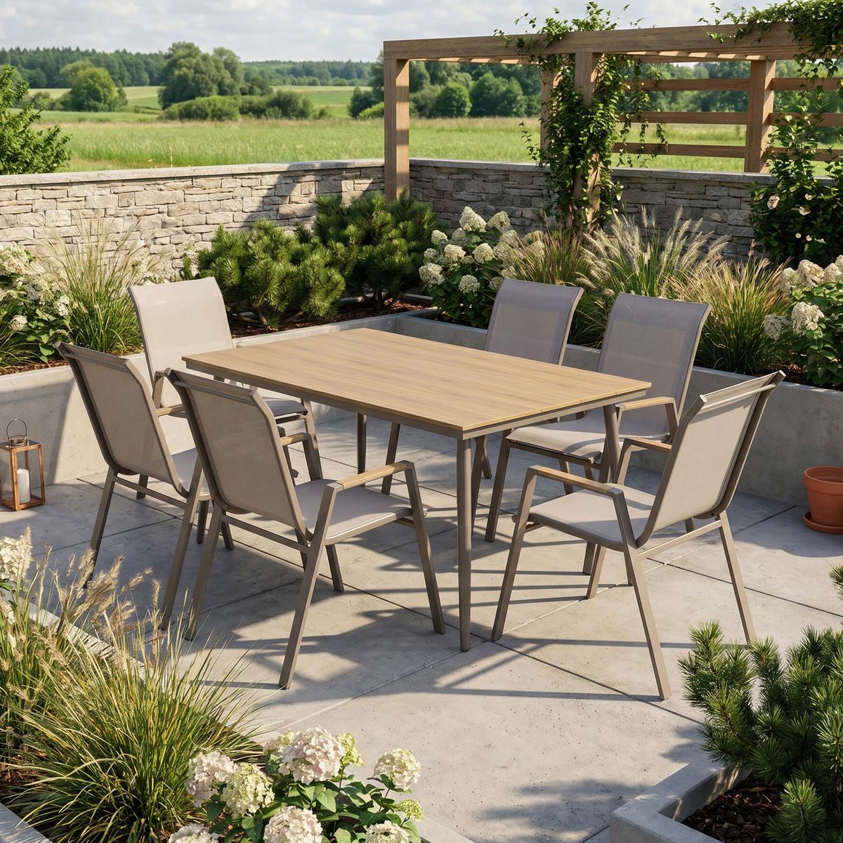 GARTENSET Valencia, 6 stapelbare Stühle + großer Esstisch 200x90 cm, Polywood-Tischplatte, Beige - Beige, Metall - Beautysofa
