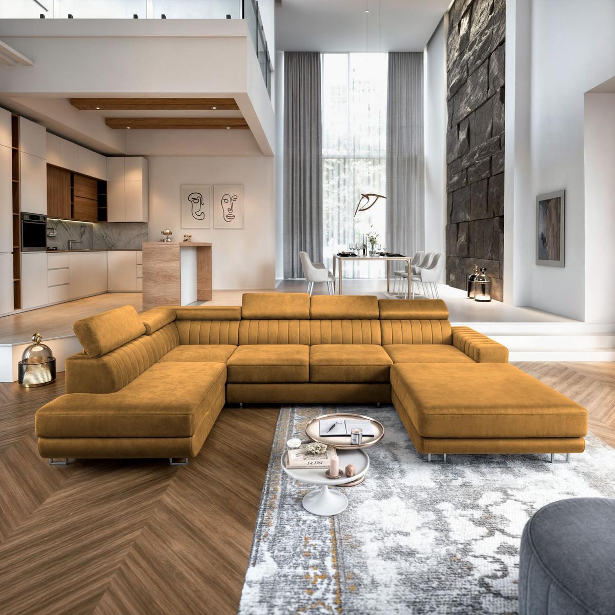 WOHNLANDSCHAFT SIENA L-S Gelb Velours-Stoff mit Schlaffunktion - Gelb/Silberfarben, Holz/Textil (335/89/190cm) - MASSENO