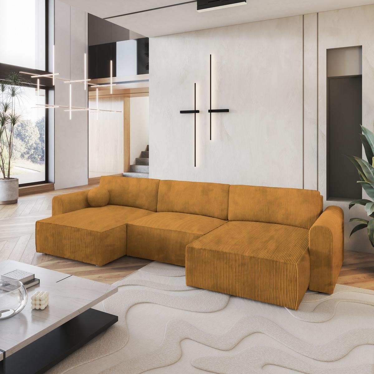 WOHNLANDSCHAFT FENTO P Gelb Kordstoff mit Schlaffunktion - Gelb/Grau, Holz/Kunststoff (347/90/148cm) - MASSENO