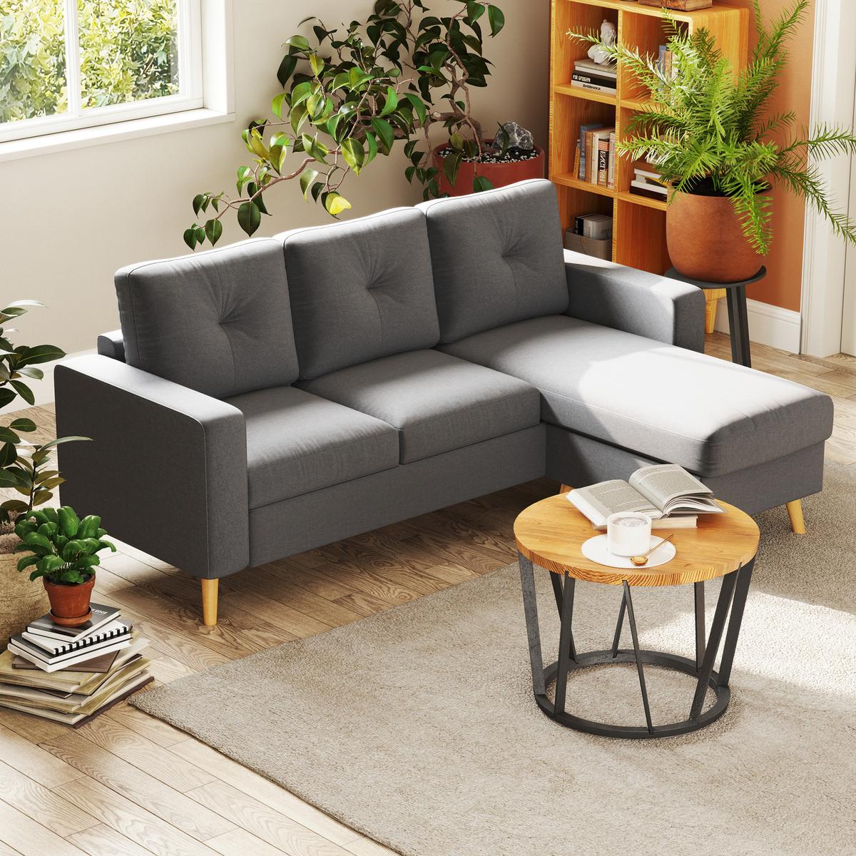 ECKSOFA Eckcouch in L-Form, Eckgarnitur in Leinenoptik Couchgarnitur Dunkelgrau - Dunkelgrau/Naturfarben, Holz/Textil (136/193cm) - HOMCOM