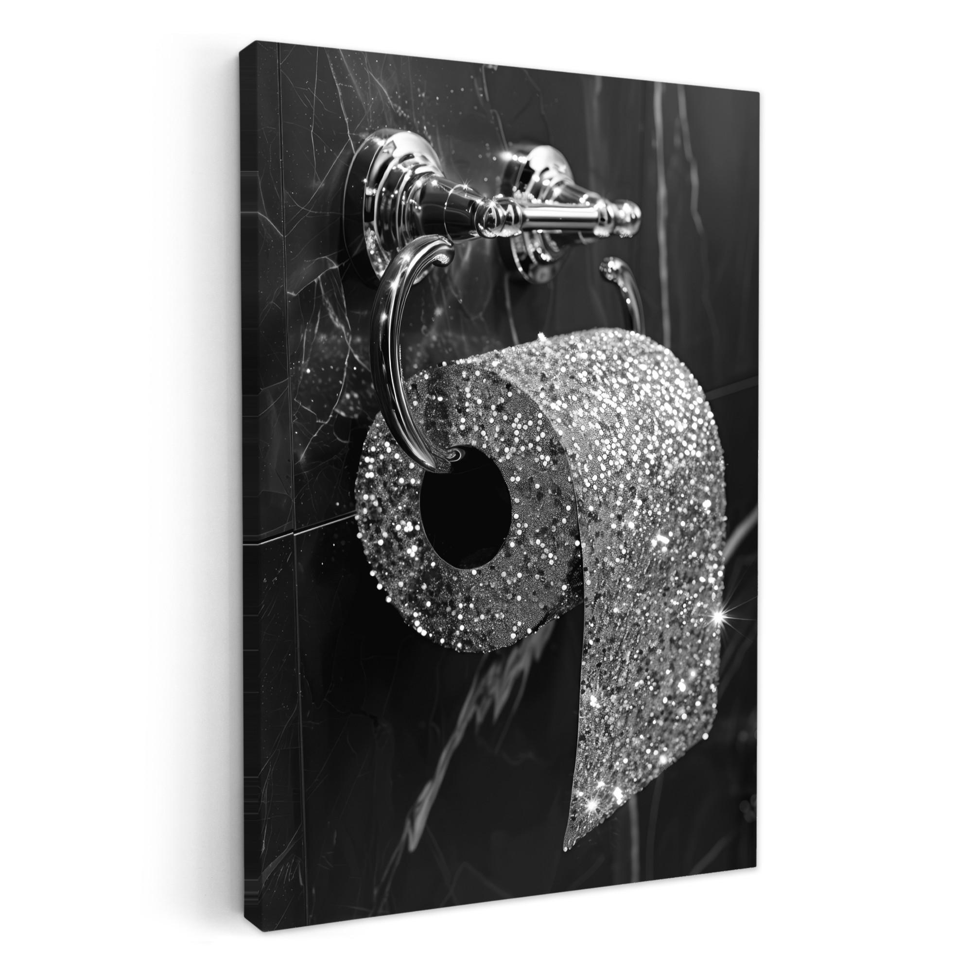 LEINWANDBILD WC - Toilettenpapier - Schwarz und weiß - Glitter Wanddeko Schlafzimmer 60x90 cm - Silberfarben, Textil (60/90cm) - MuchoWow