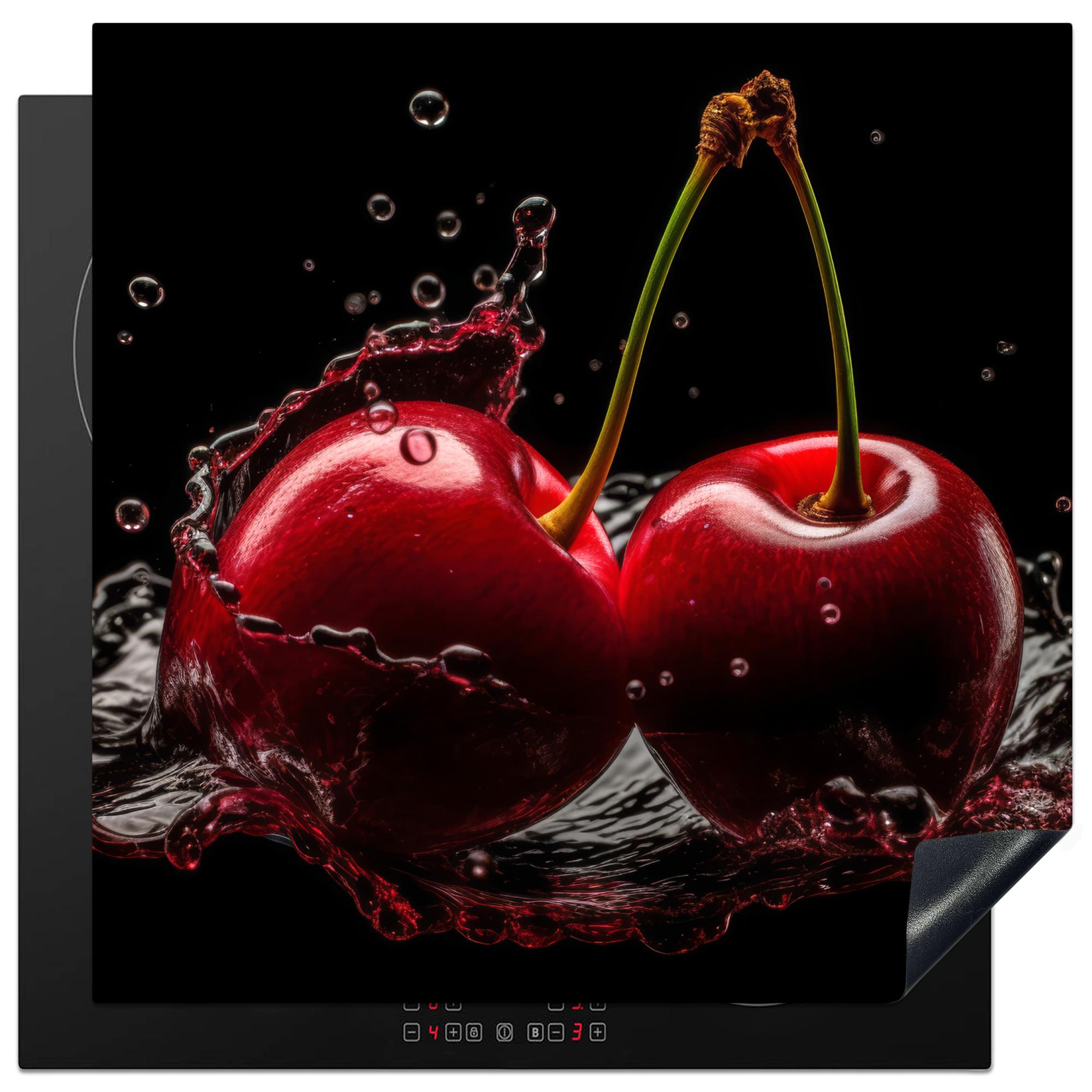 HERDABDECKPLATTE Kirsche - Rot - Frucht - Wasser - Schwarz Induktionsmatte 78x78 cm - Kirschrot, Kunststoff (78/78/0.2cm) - MuchoWow