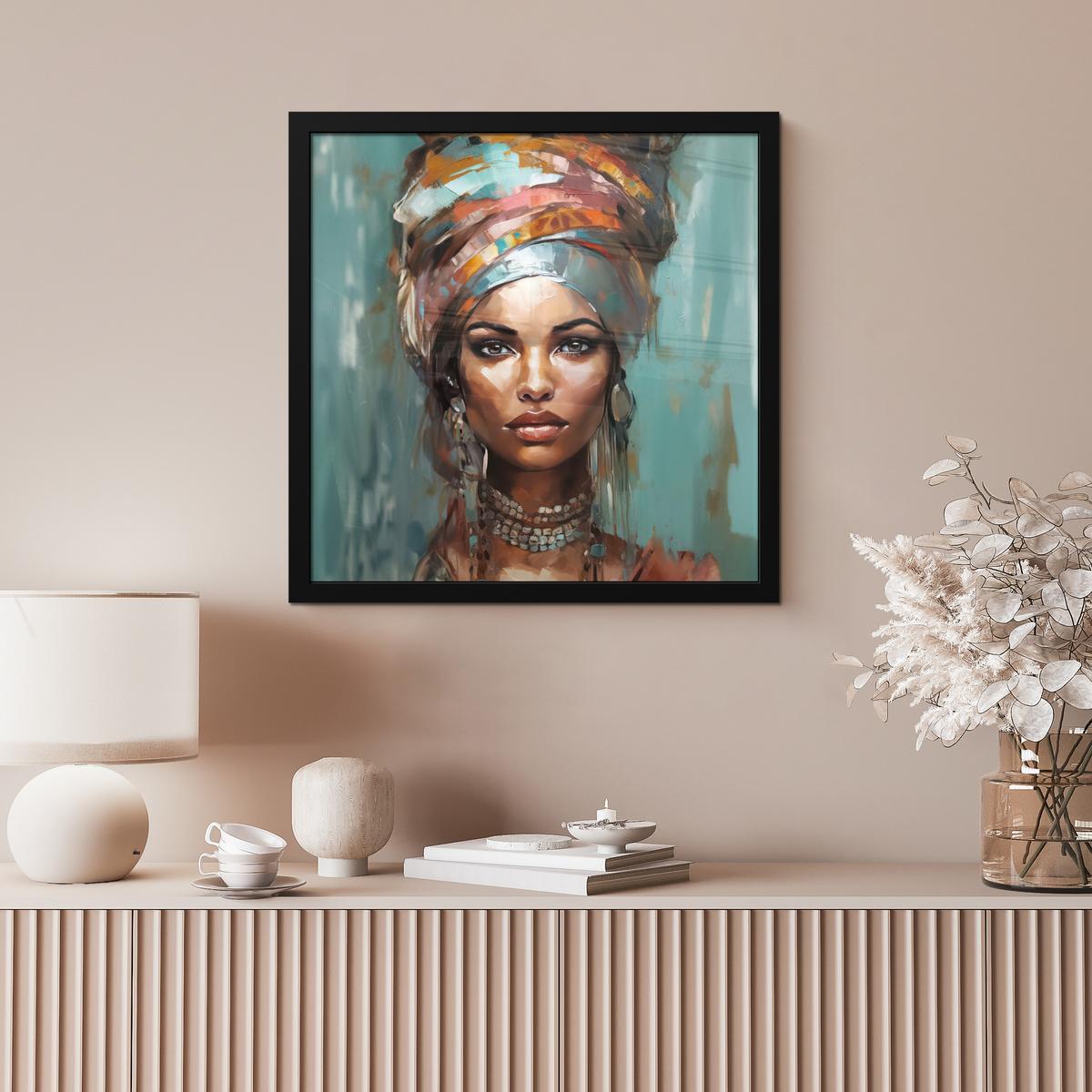 POSTER MIT RAHMENGERAHMTES BILD Frau - Kunst - Schmuck - Porträt 40x40 cm - Blaugrau, Papier (40/40cm) - MuchoWow