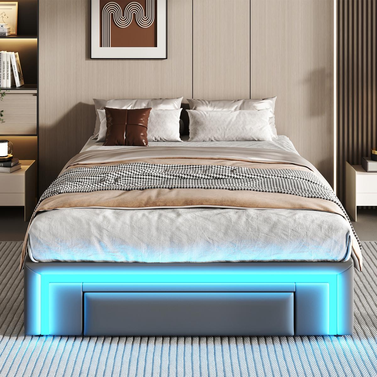 BETT mit Schubladen und LED 90X200 CM - Grau, Holzwerkstoff/Textil - Urban Meuble