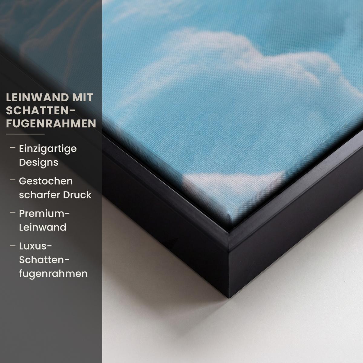 LEINWAND Bilder mit Rahmen - Winterlandschaft - Natur - Haus - Berge - Schnee - 90x60 - Hellblau, Textil (90/60cm) - MuchoWow