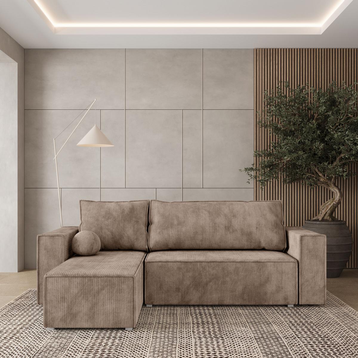ECKSOFA RAVELO P Beige Kordstoff mit Schlaffunktion - Beige/Grau, Holz/Kunststoff (240/140cm) - MASSENO