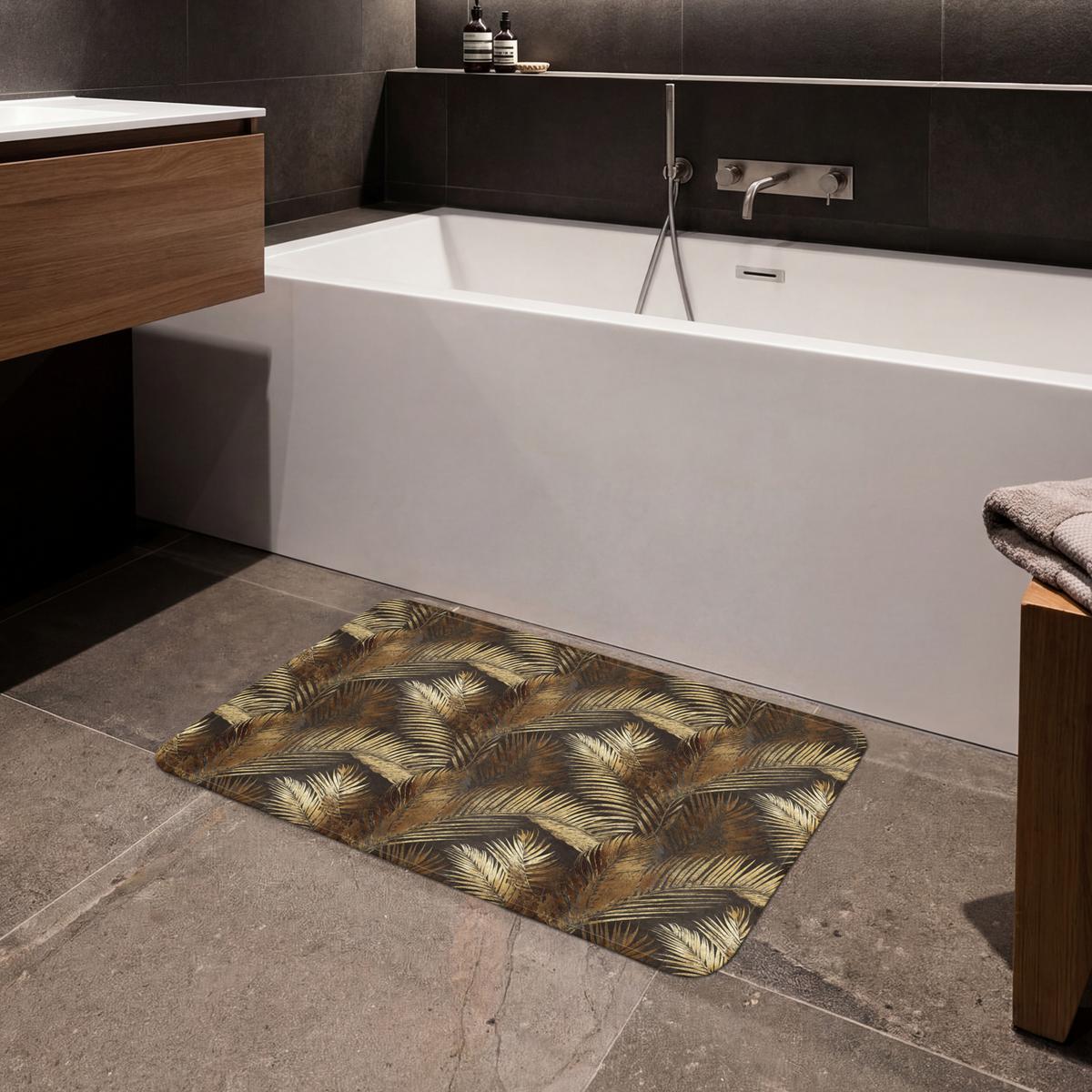 BADEMATTE Tropisch - Blätter - Gold Badvorleger 80x50 cm - Dunkelbraun/Goldfarben, Textil (80/50cm) - OnlyWow