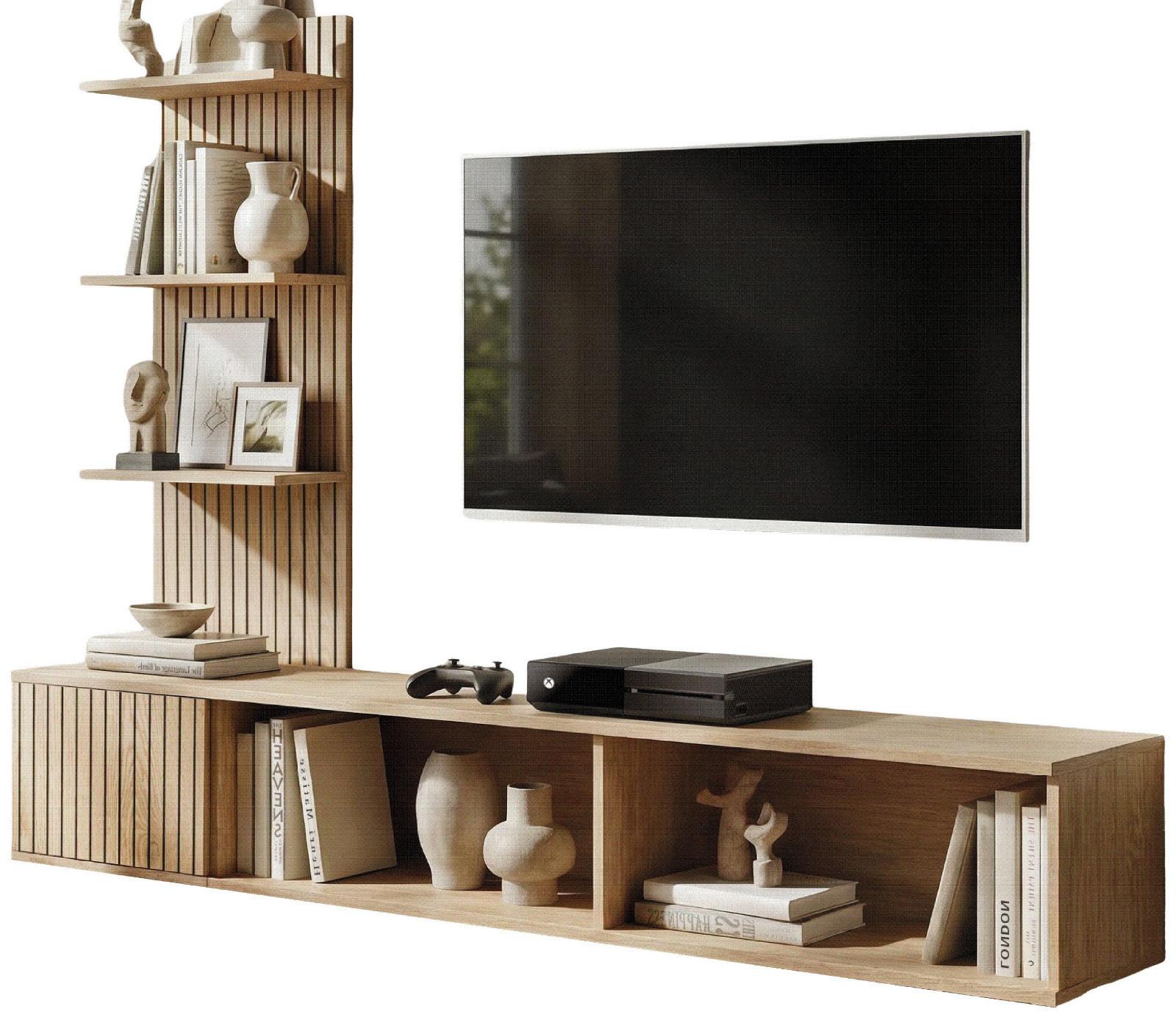 TV-LOWBOARD Cremona Eiche Leistenoptik 180 cm hängend, TV Unterschrank Set mit Paneel und Regal - Eichefarben, Holzwerkstoff (180/130/40cm) - Inn.Furn