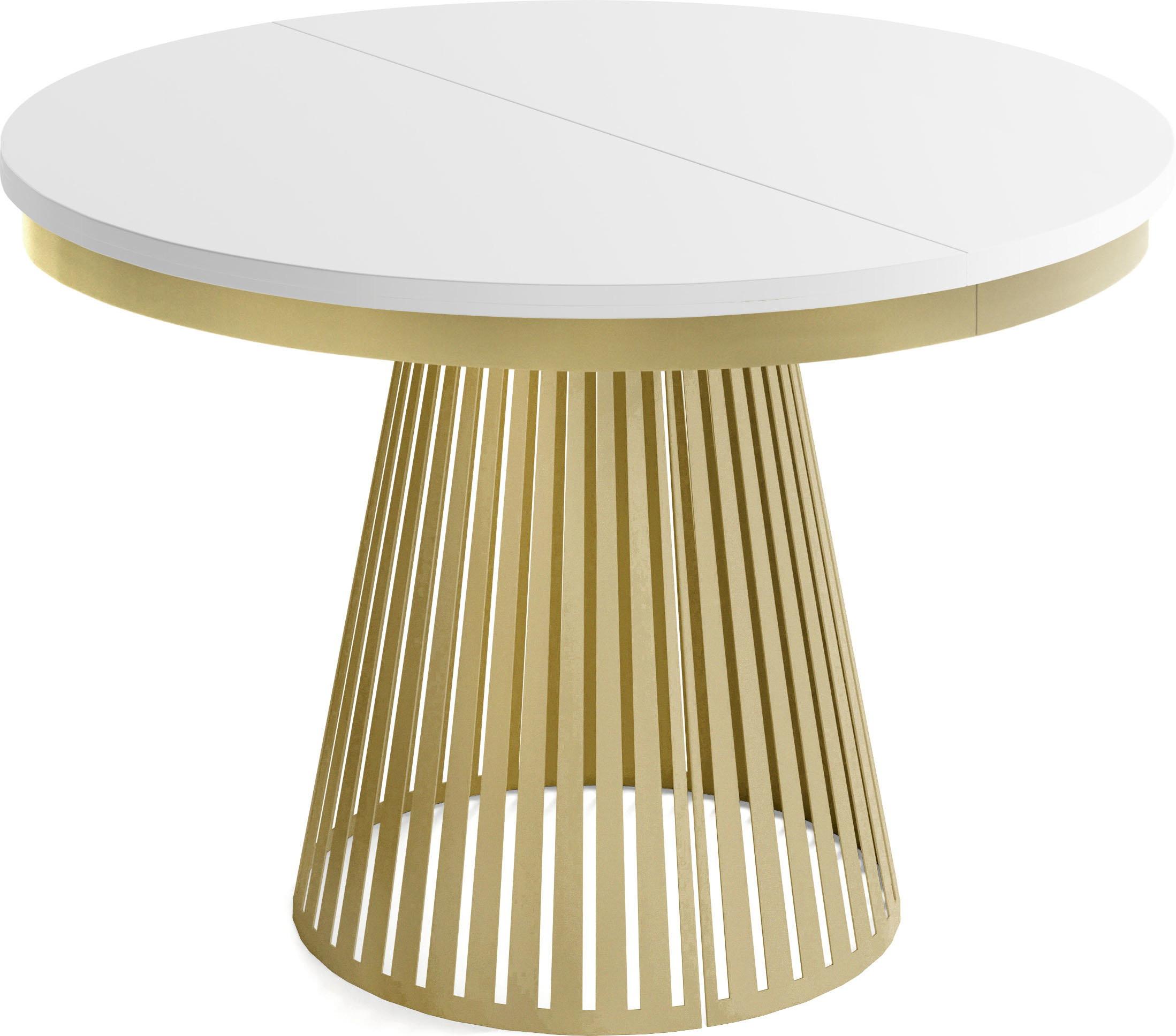 ESSTISCH Naro rund ausziehbar mit Goldem Lamellen-Metallgestell, Weiß 100-180/100/76 cm - Goldfarben/Weiß, Holzwerkstoff/Metall (100/180/76cm) - WFL GROUP