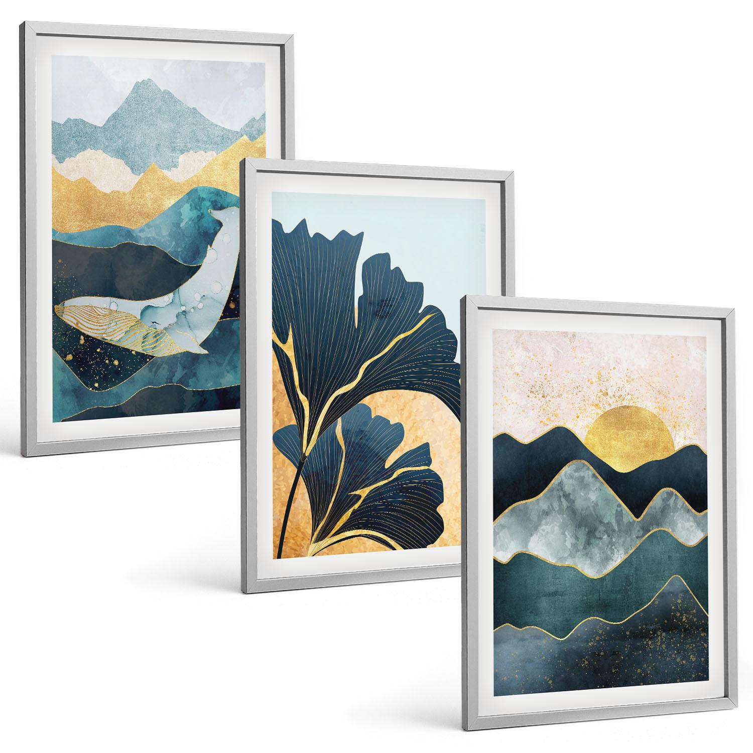 BILDER SET 3er Set - 40x60 cm Silberner Rahmen - Abstrakte Bergansichten - Silberfarben, Kunststoff (40/60cm) - TULUP