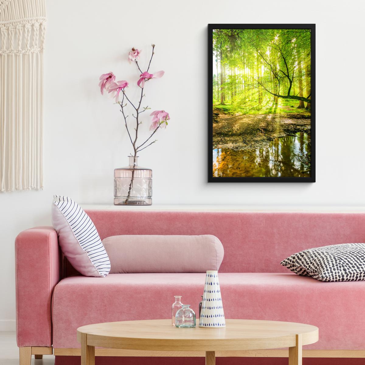 POSTER MIT RAHMENGERAHMTES BILD Wald - Landschaft - Wasser - Bäume - Sonne - Grün - Natur Bilder mit Rahmen 40x60 cm - Grün, Papier (40/60cm) - MuchoWow