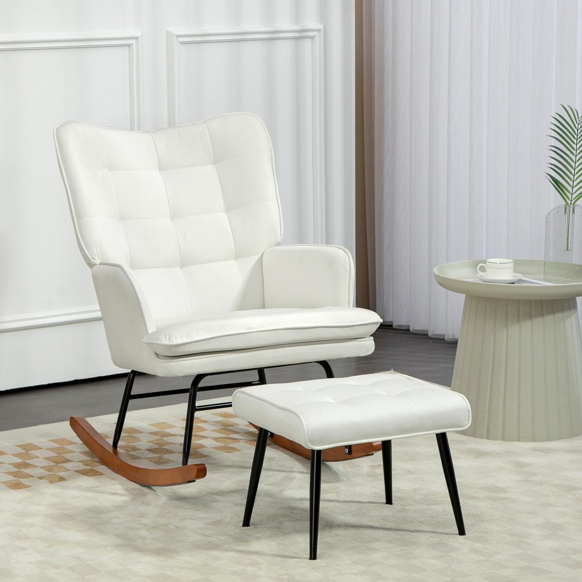 SCHAUKELSTUHL Schwingsessel mit Hocker Armlehnsessel Relaxsessel mit Leinenoptik - Creme/Schwarz, Holz/Buchenholz (89/90/64cm) - HOMCOM