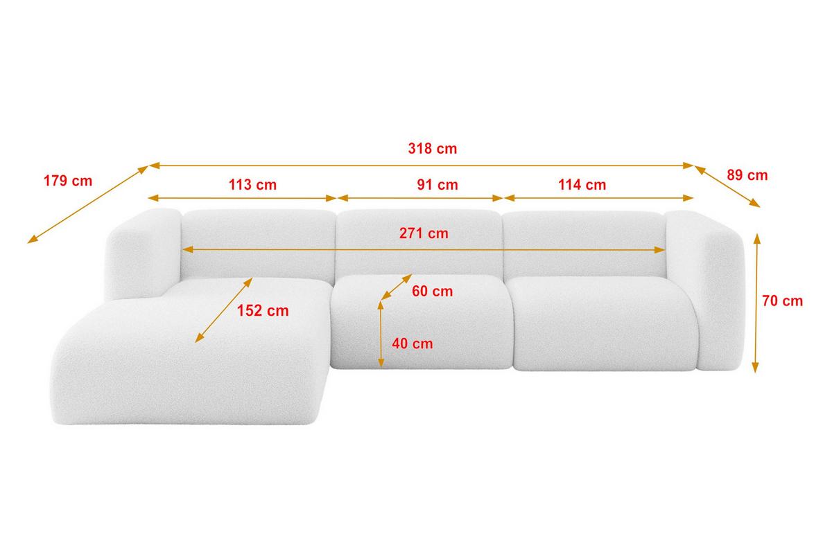 ECKSOFA Ottomane Links MIRA-L2 318x179x89 Weiß Bouclé - Schwarz/Weiß, Holzwerkstoff/Kunststoff (318/179cm) - ALTDECOR