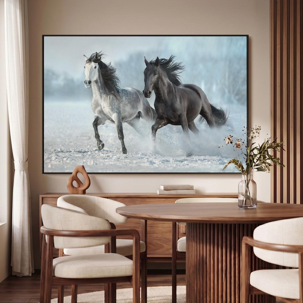 LEINWAND Bilder mit Rahmen - Pferde - Winter - Tiere - Natur - Schnee - 140x90 - Anthrazit, Textil (140/90cm) - MuchoWow