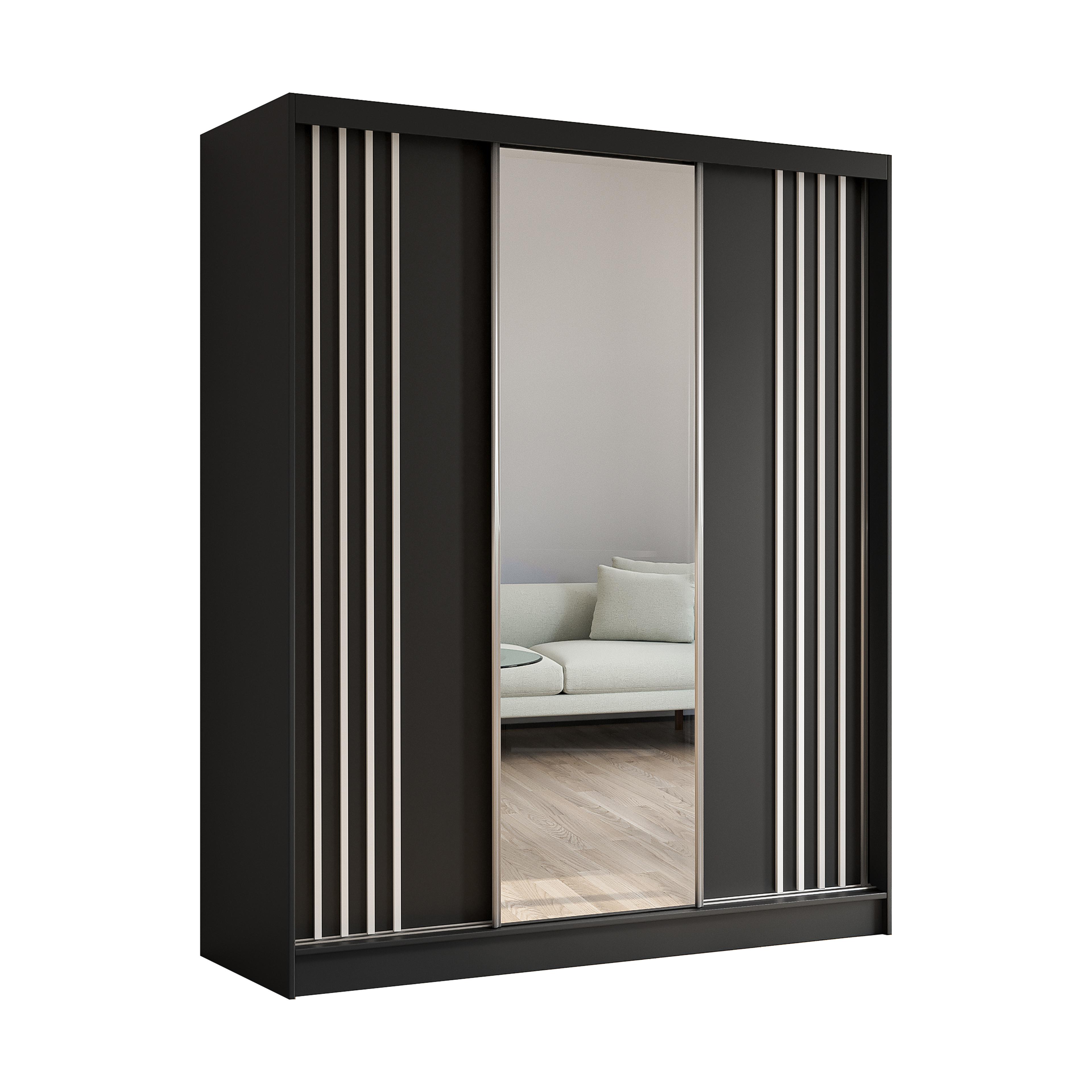 KLEIDERSCHRANK mit Spiegel-Schiebetüren und Aluminium-Leisten - NALLA - 180 cm Schwarz+Schwarz+Weiß - Schwarz/Weiß, Holzwerkstoff (180/216/61cm) - ALTDECOR