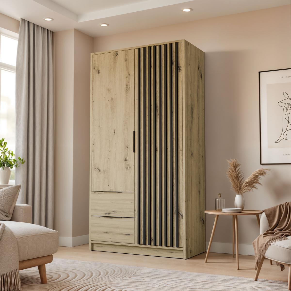 KLEIDERSCHRANK NELA, zweitürig mit Lamellen, 105 cm, Artisan/Schwarz - Eiche Artisan, Holzwerkstoff (105/200/51cm) - Lookway