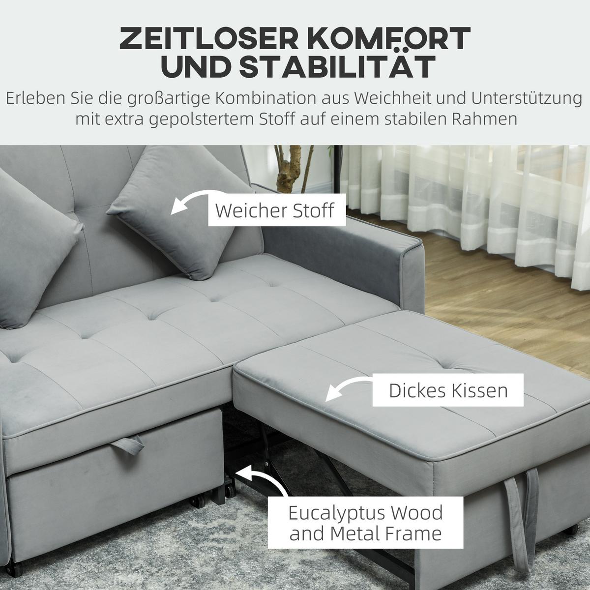 SCHLAFSOFA, 2-Sitzer Sofa mit Schlaffunktion, Verstellbare Rückenlehne, Rollen - Grau, Metall (90.5/89/140.5cm) - HOMCOM