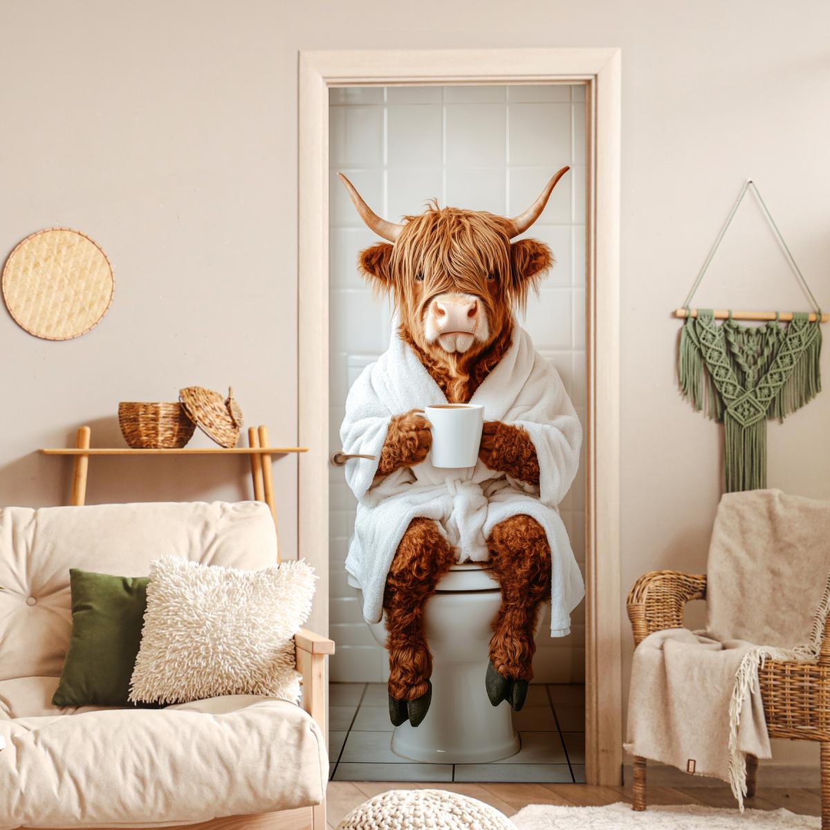 TÜRAUFKLEBER Schottischer Highlander - WC - Bademantel - Modern - Tiere 90x235 cm - Türtapete - Kastanienfarben, Kunststoff (90/0.1cm) - MuchoWow