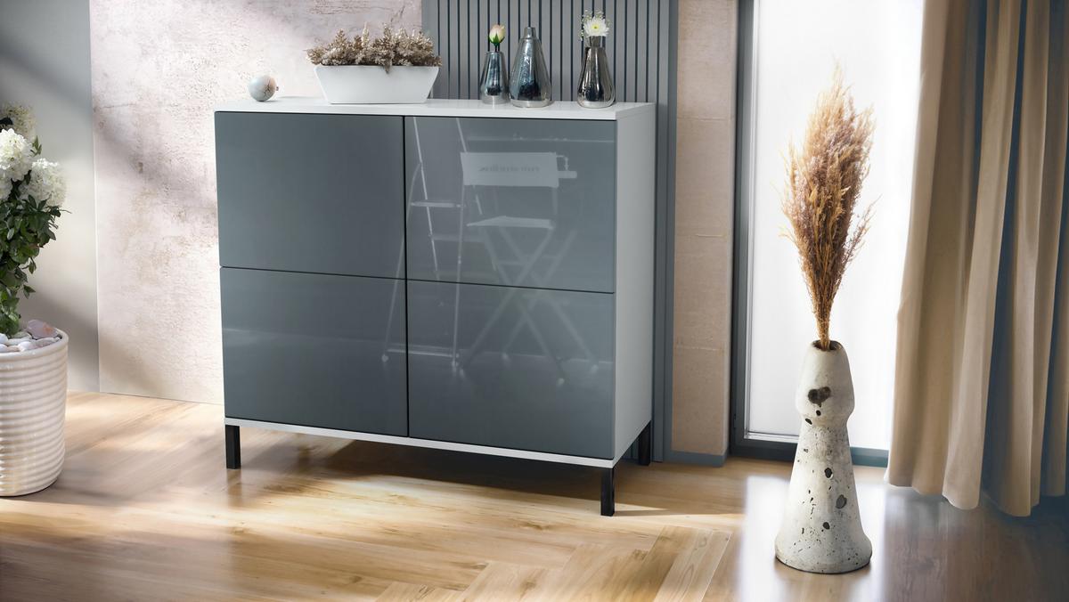 KOMMODE Rova Grau Hochglanz - Grau, Holzwerkstoff (92.5/83.5/35cm) - Vladon