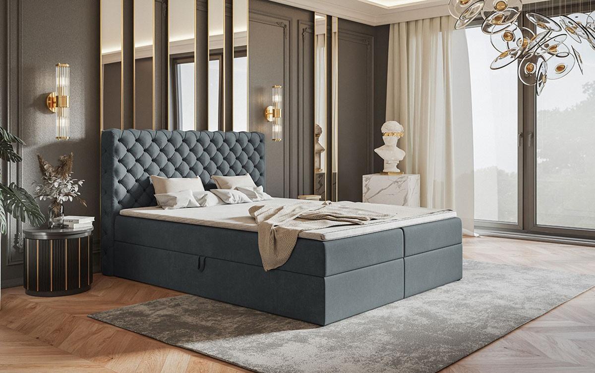 BOXBETT Bonio VIII 120/200 cm in Grau – mit Bettkasten und Topper - Schwarz/Grau, Holz/Holzwerkstoff (120/200cm) - AX Living