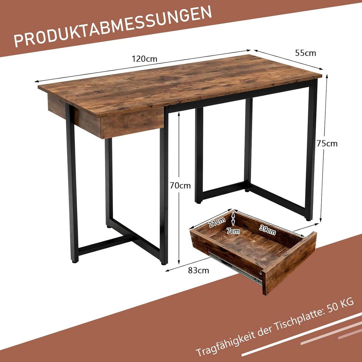 SCHREIBTISCH 75cm Vintage Eiche Dekor - Braun, Holz (55/120/75cm) - COSTWAY