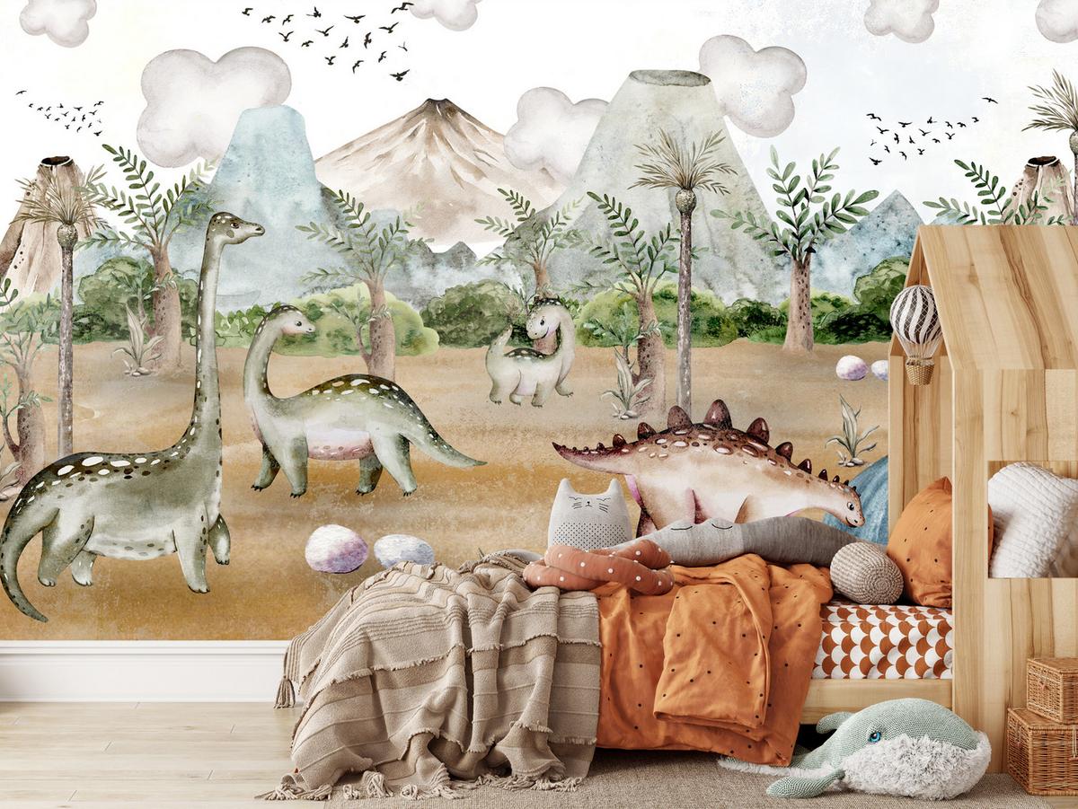 FOTOTAPETE für Kinderzimmer Dinosaurier Welt Vulkane Aquarell Tropische Bäume 300x210 - Blau/Beige, Papier (300/210cm) - Muralo