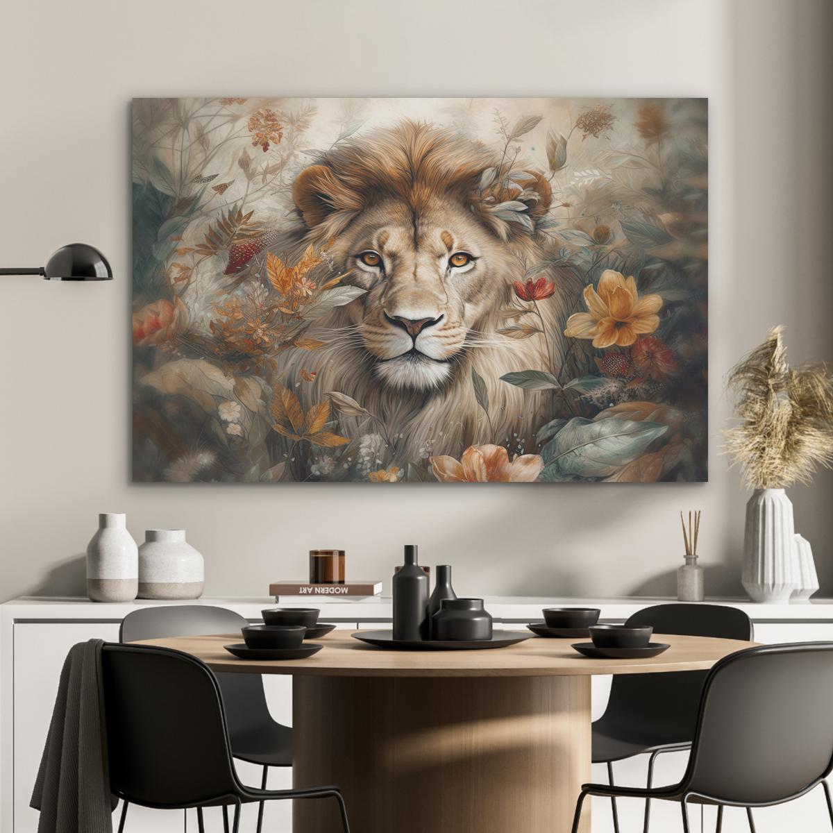 AKUSTIKBILD Löwe - Wildtiere - Pflanzen - Natur - Blumen Wandbild Wohnzimmer 100x70 cm - Beige, Kunststoff (100/70/0.9cm) - MuchoWow