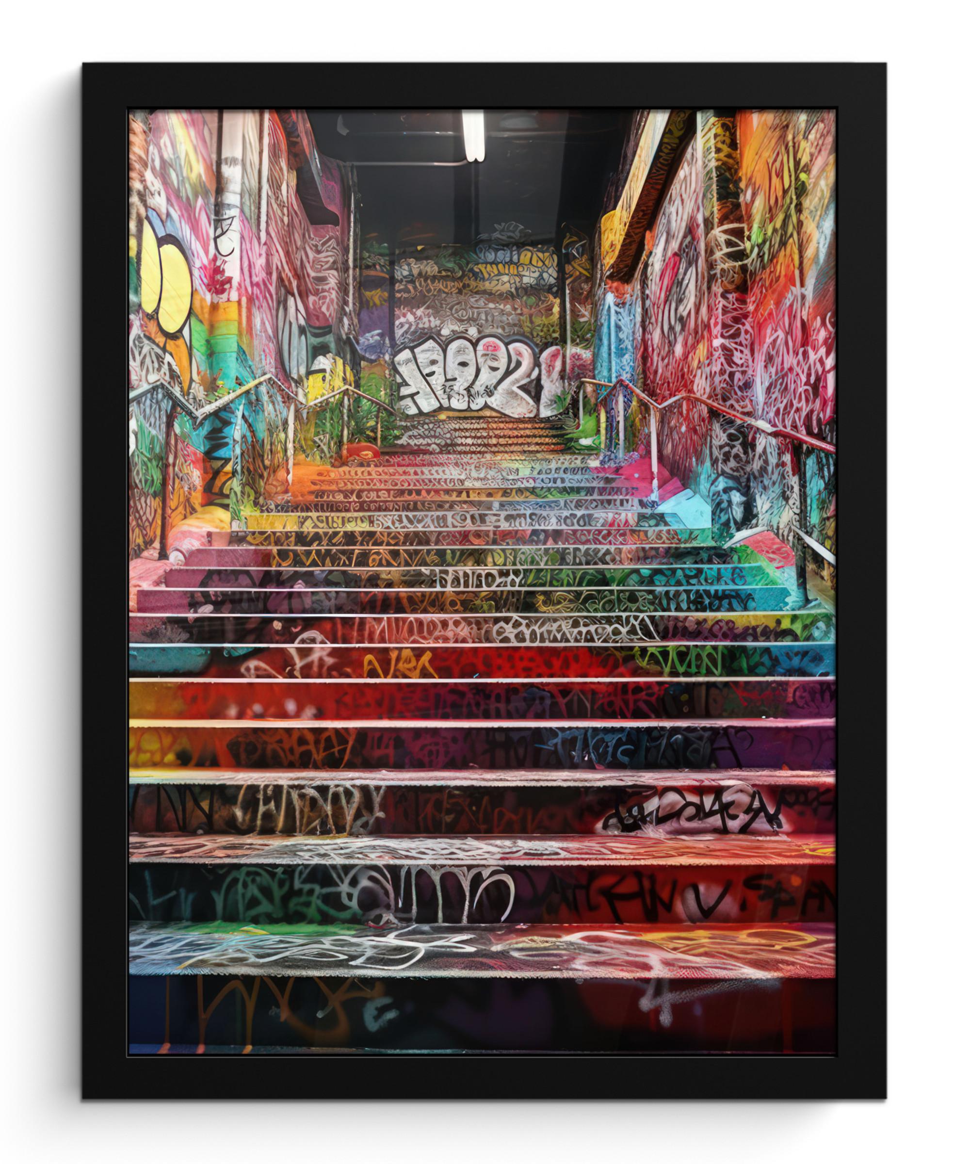 POSTER MIT RAHMEN Treppe - Graffiti - Farben - Kunst Bilderrahmen 30x40 cm - Multicolor, Papier (30/40cm) - MuchoWow