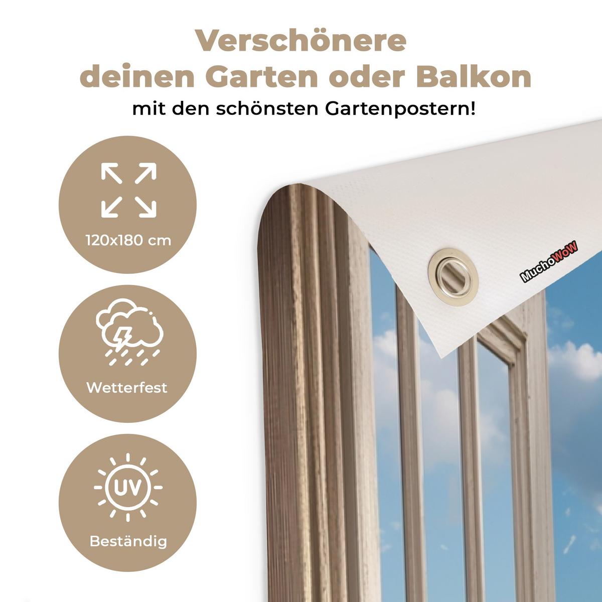 GARTENPOSTER Aussicht - Strand - Fenster - Dünen - Meer Bild 120x180 cm - Hellblau, Kunststoff (120/180/0.2cm) - OnlyWow