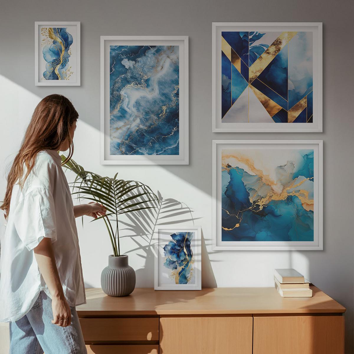 BILDER SET 5er Set - 50x50 cm & 20x30 cm & 40x60 cm Weißer Rahmen - Blaue abstrakte Muster - Weiß, Kunststoff (40/60cm) - TULUP