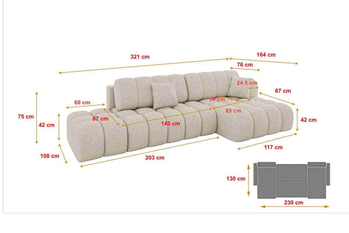 ECKSOFA mit Schlaffunktion Ottomane RECHTS OLEA-L2 321x164x75 Beige Tissu - Schwarz/Sahara, Holzwerkstoff/Kunststoff (164/321cm) - ALTDECOR