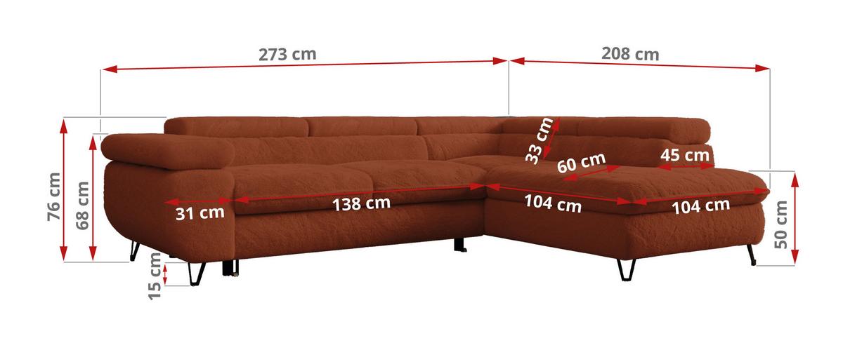 ECKSOFA PEDRO L Orange Plüsch - Rechts Seite - Schwarz/Orange, Textil/Metall (273/208cm) - MKS