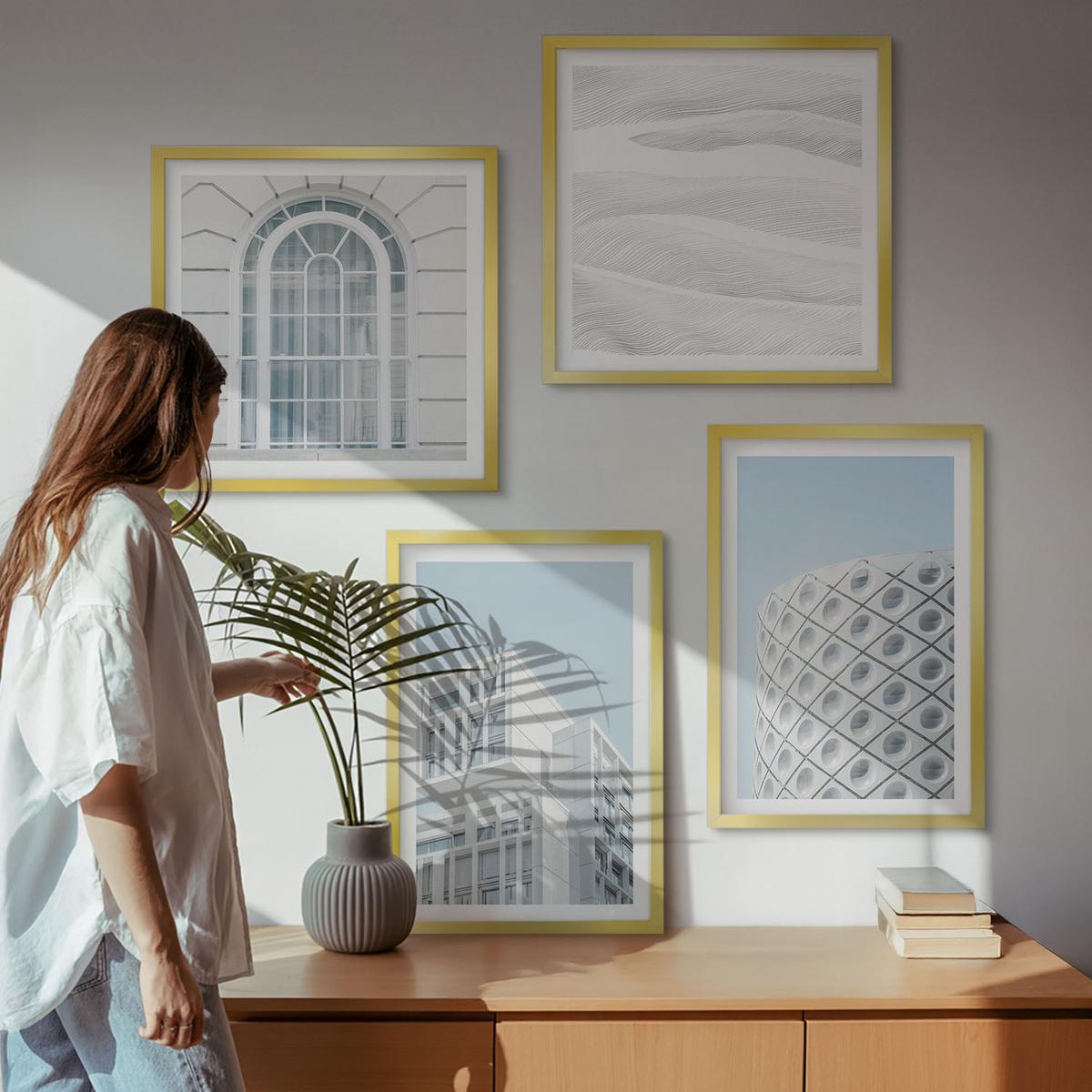 BILDER SET 4er Set - 50x50 cm & 40x60 cm Goldrahmen - Moderne Architekturgeometrie - Goldfarben, Kunststoff (50/50cm) - TULUP