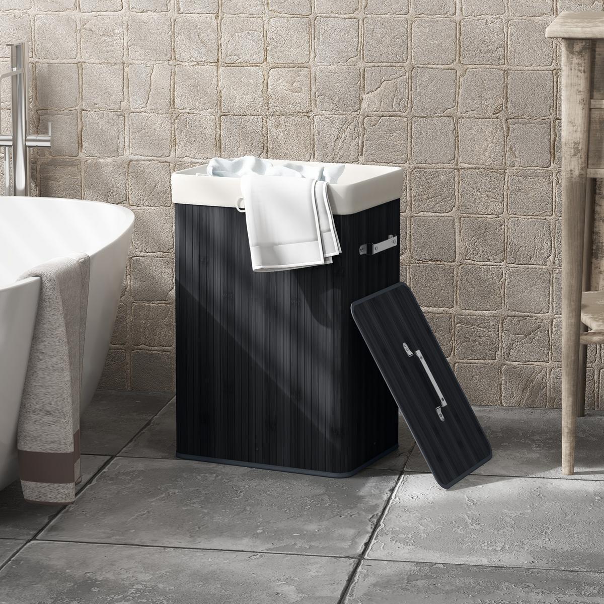 WÄSCHEKORB Wäschetruhe Wäschebox Wäschesammler Eckig Bambus 72 L Schwarz - Schwarz, Naturmaterialien (30/60/40cm) - HOMCOM