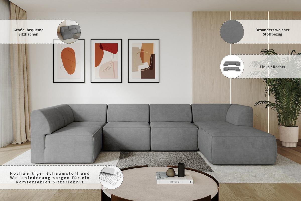 WOHNLANDSCHAFT Ottomane Rechts MOVO-L 345x180x78 cm Grau Velours - Taupe, Holzwerkstoff/Kunststoff (180/78/345cm) - ALTDECOR