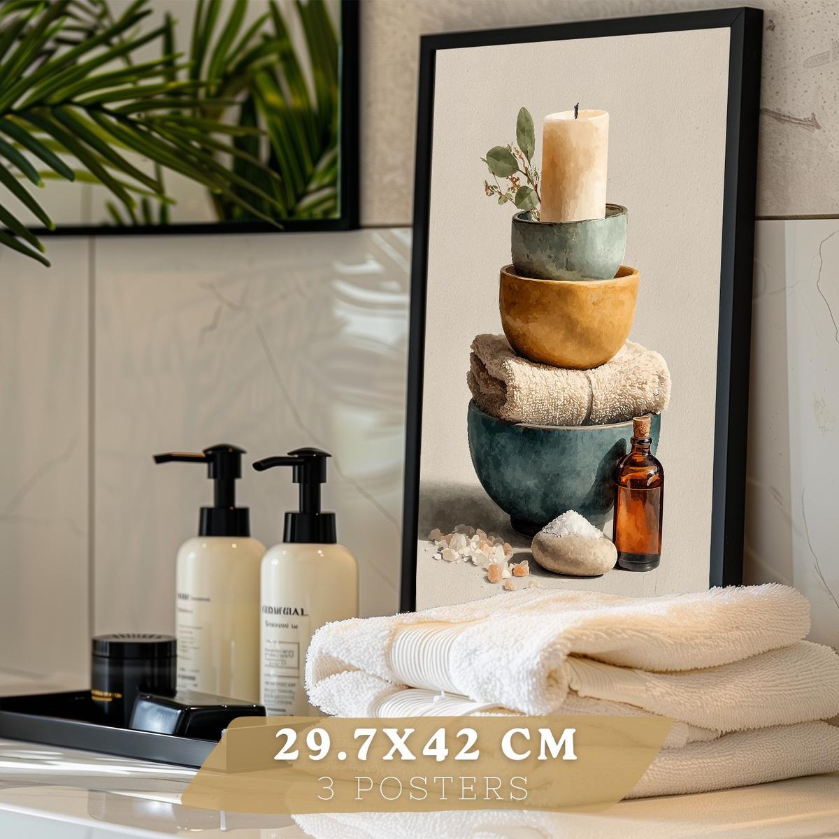 POSTER Set aus 3 Badezimmer Wandbildern und Drucke zur Dekoration für Waschbecken Dusche WC mit Kerzen Seifen und Handtüchern Schwarzer Rahmen A3 - Schwarz, Papier (42/29.7/3cm) - Nacnic