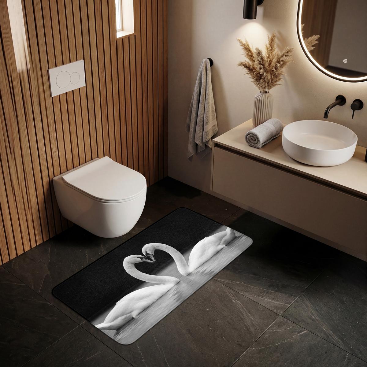 BADEMATTE Schwäne - Herz - Schwarz - Weiß 120x60 cm - Schwarz, Textil (120/60cm) - OnlyWow