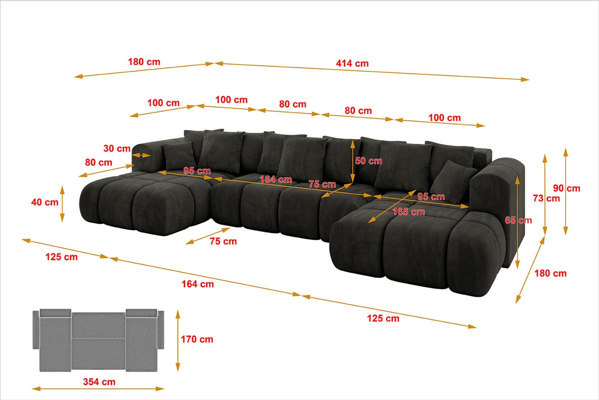 WOHNLANDSCHAFT CLOUD-U-v1 405x185x90 Schwarz Velours - Schwarz, Holzwerkstoff/Kunststoff (405/90/185cm) - ALTDECOR