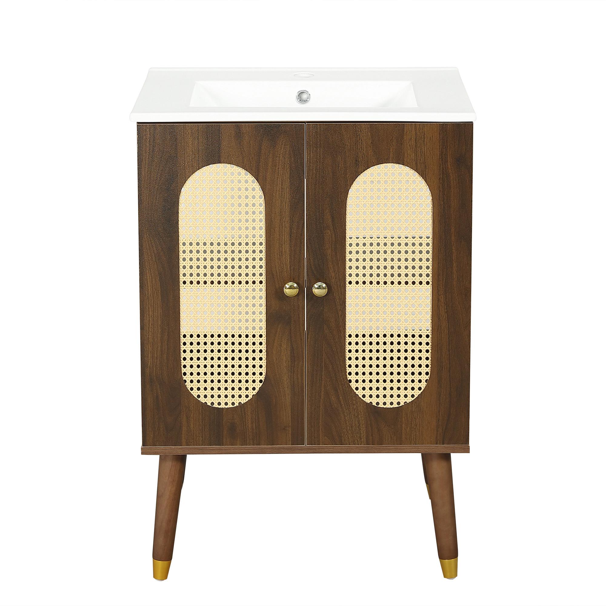 WASCHTISCHUNTERSCHRANK Walnuss mit Rattan-Türen & Keramikbecken - Walnussfarben, Holzwerkstoff (61/89/47cm) - Urban Meuble